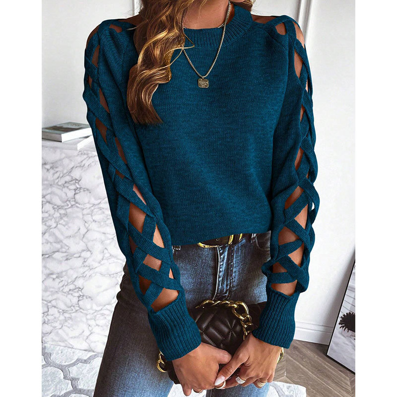 Women's Hollow-Out Ribbon Spliced Long-Sleeve Knit Sweater Crewneck Pullover