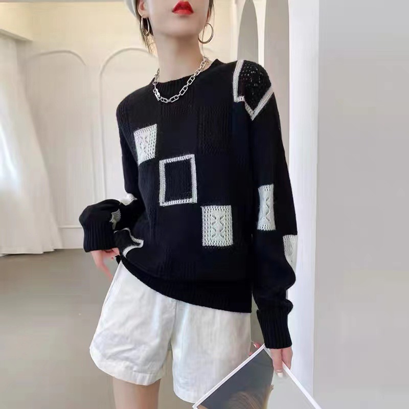 Color-Block Plaid Knit Sweater Women's Loose Retro Crewneck Pullover