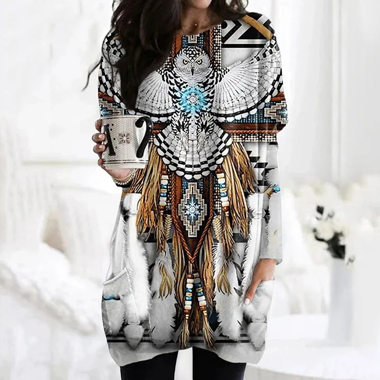 Women's Animal Print A-Line Midi Dress Long Sleeve Crew Neck Casual