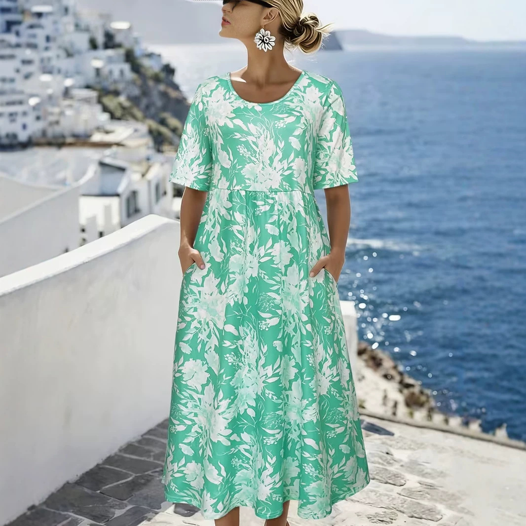 Women's Floral Print Ruched Midi Dress Crew Neck Half Sleeve