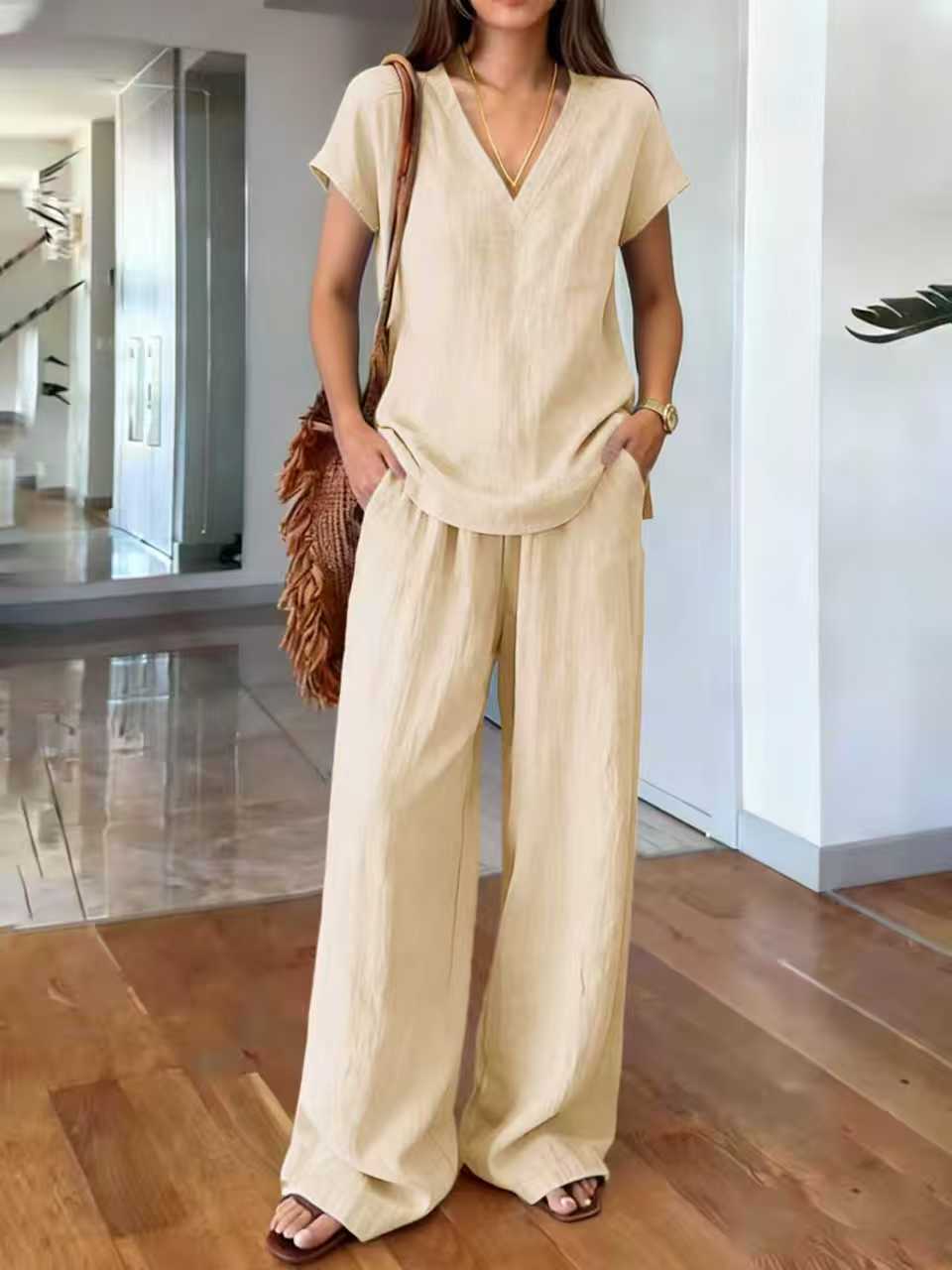 Women's V-Neck Short Sleeve Top & Wide Leg Pants Set