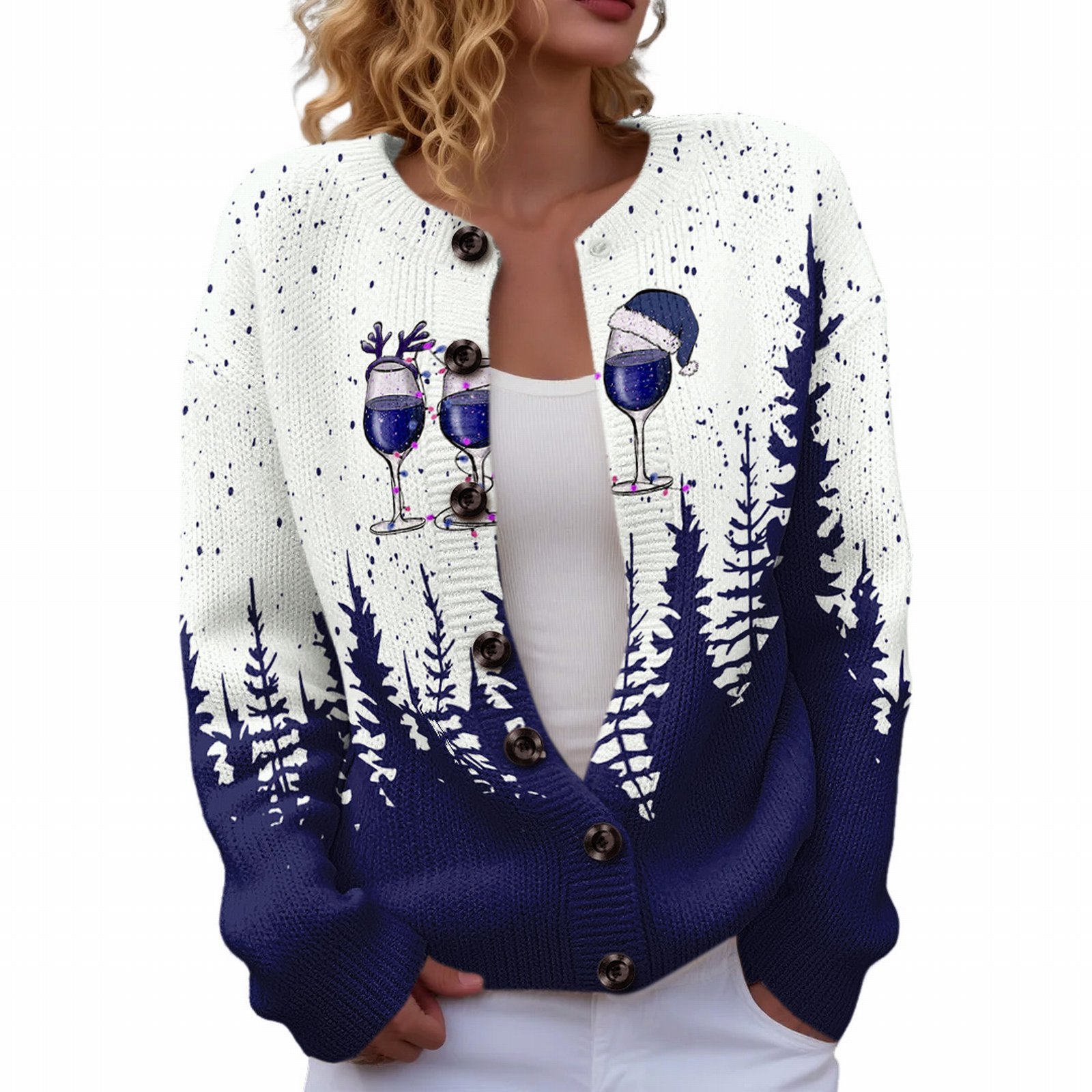 Women's Christmas Reindeer Forest Print Button Cardigan Sweater
