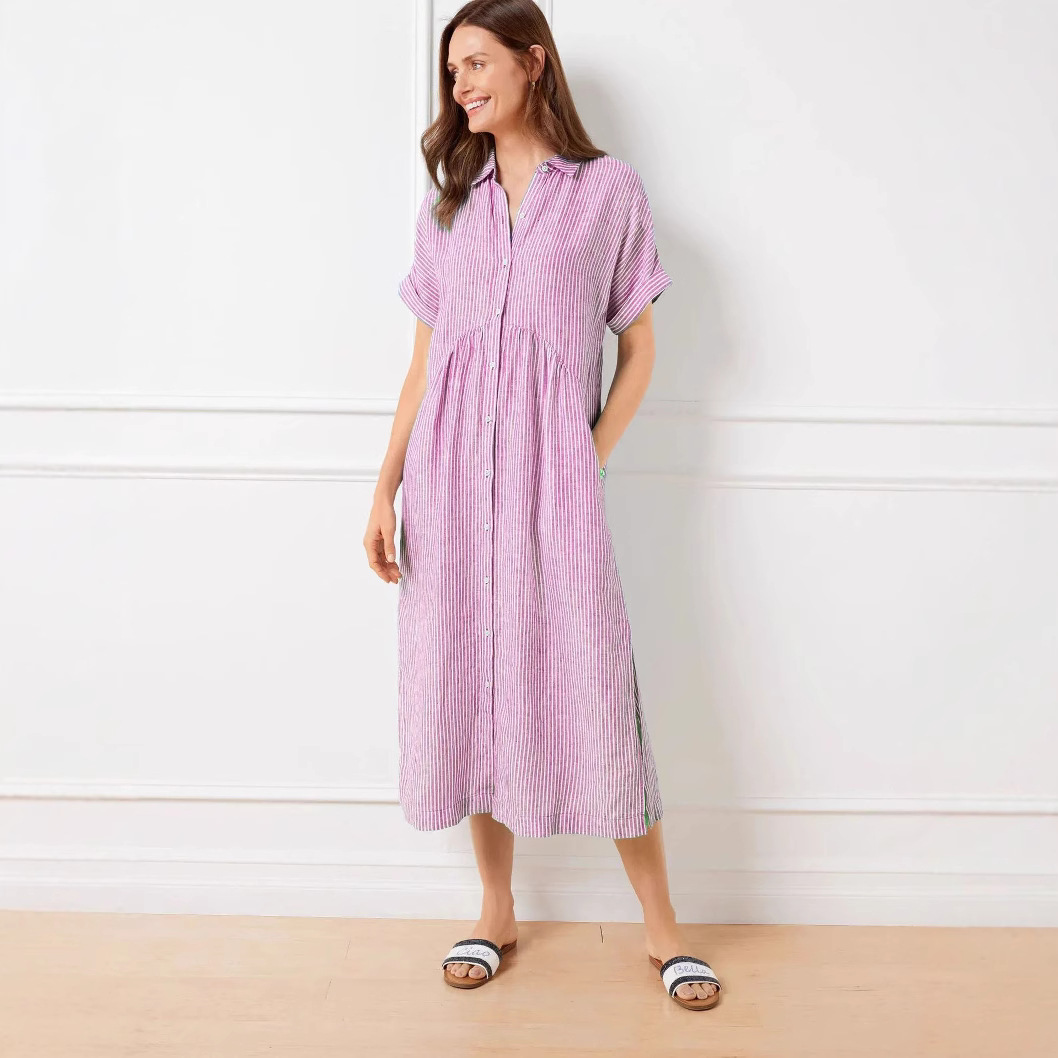 Striped Short Sleeve Shirt Dress Women's Loose Plus Size Cotton Linen Midi Dress