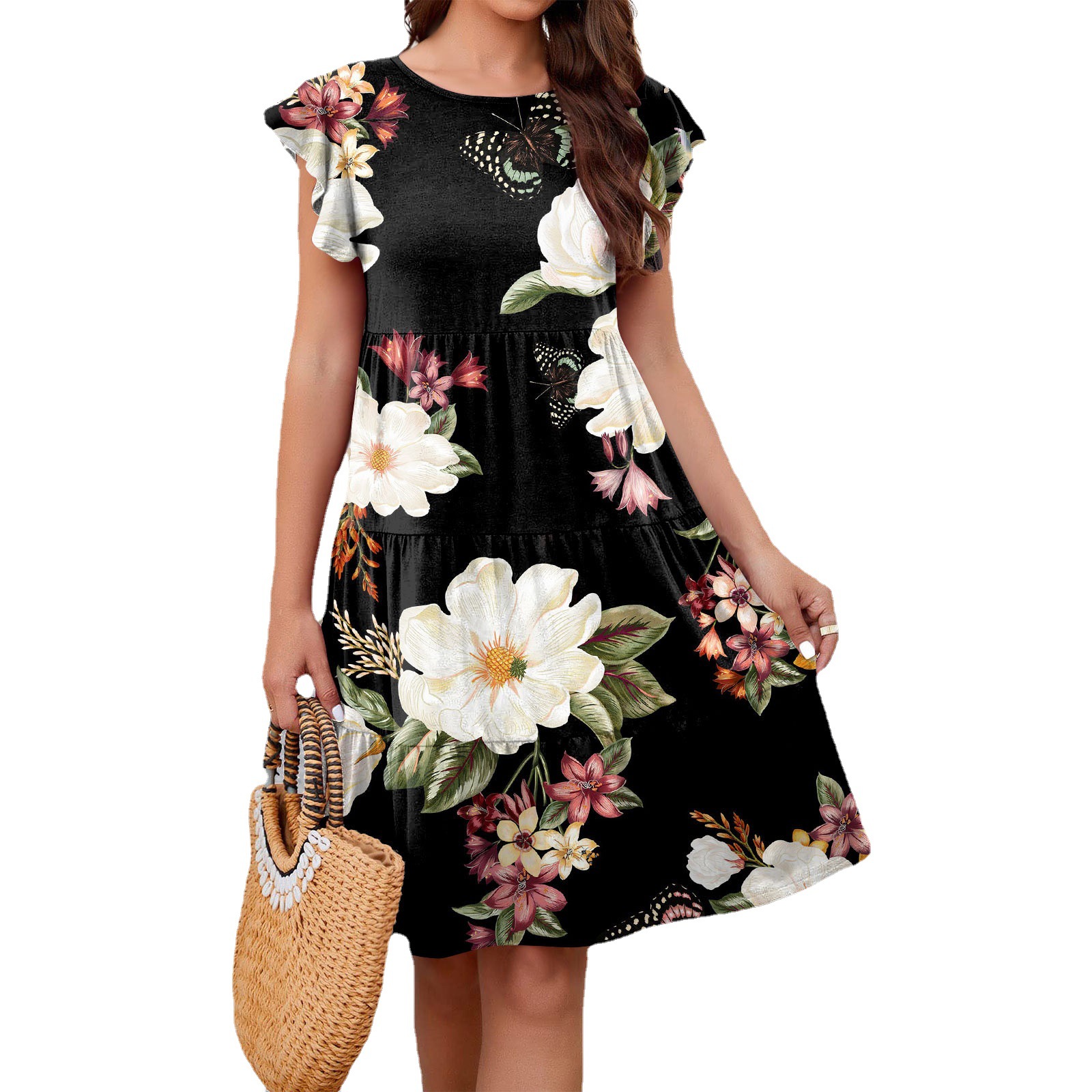 Floral Print Tiered Cake Dress with Flutter Sleeves
