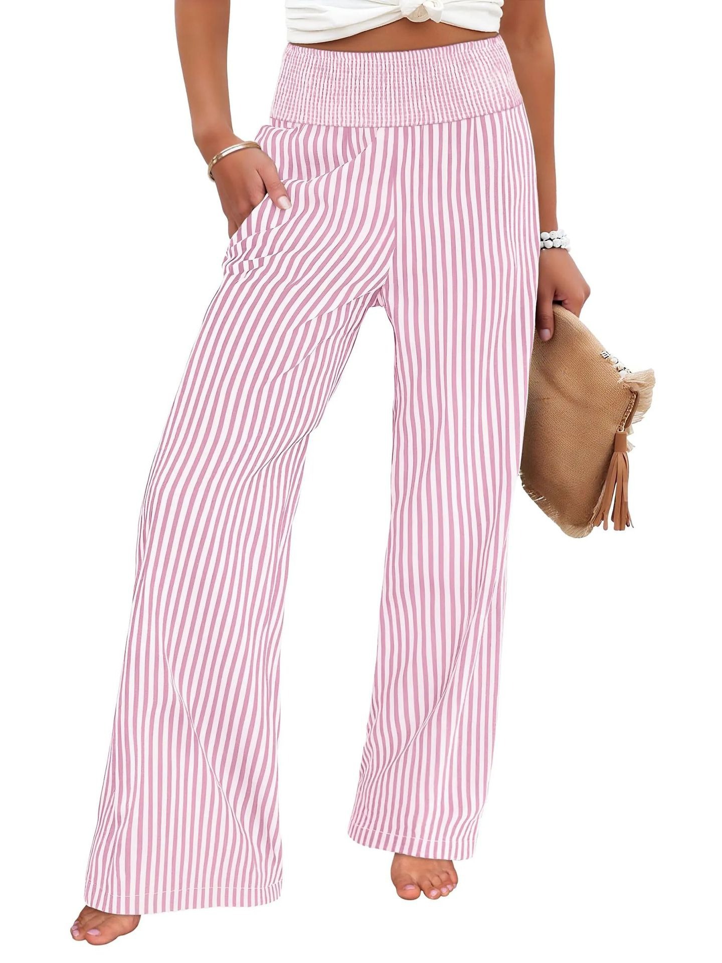 Striped Smocked Wide-Leg Pants for Women, Casual Loose Fit