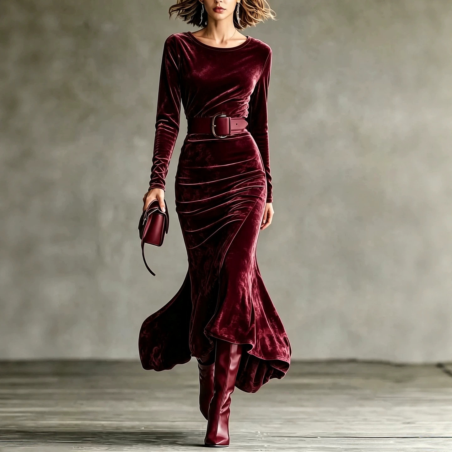 Elegant Velvet Long Sleeve Round Neck Slim Fit Mermaid Dress