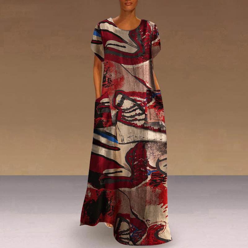 Women's Summer Short Sleeve Printed Casual Long Dress