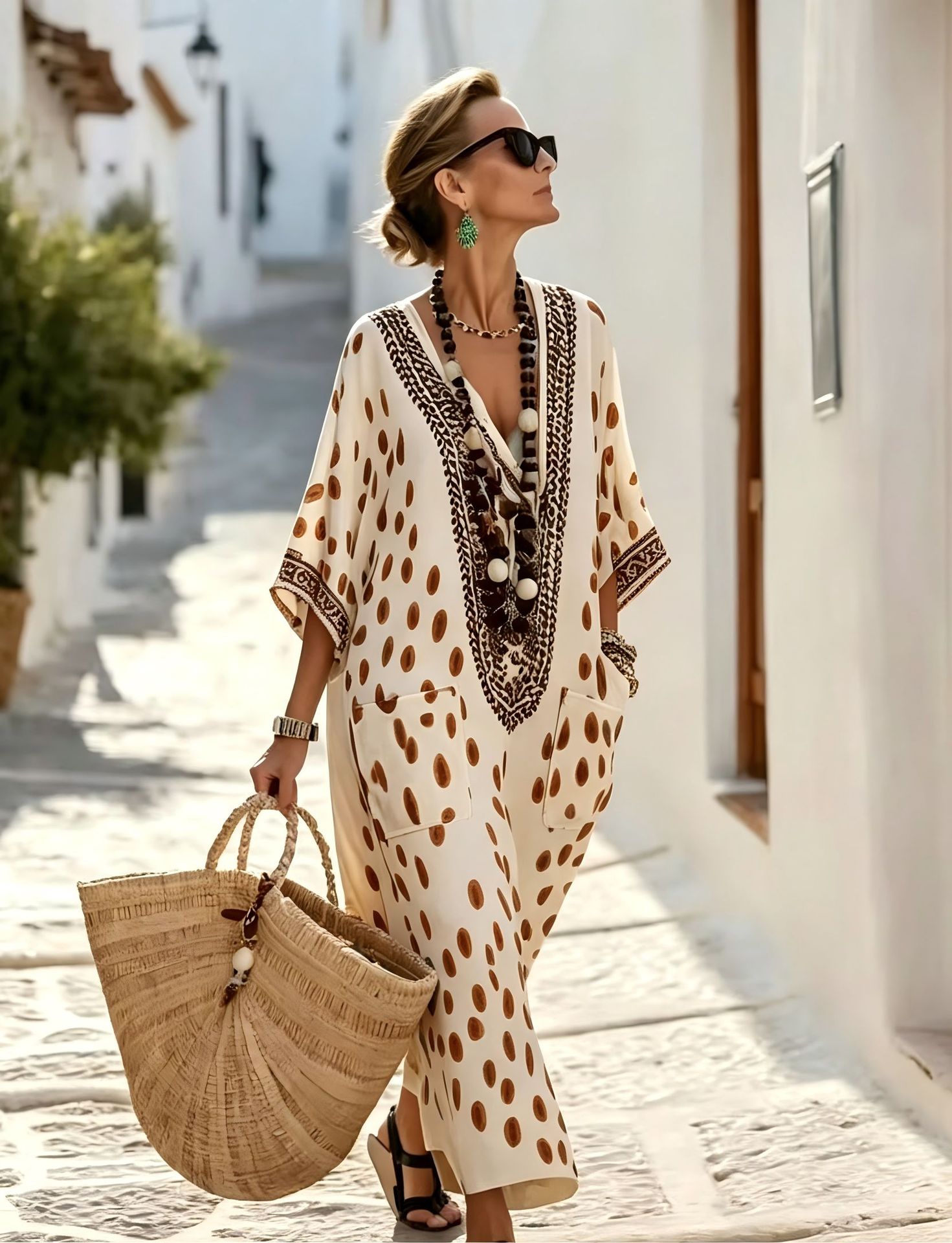 Women's Floral Polka Dot Print Midi Dress Deep V-Neck Five-Sleeve Slim Fit Casual