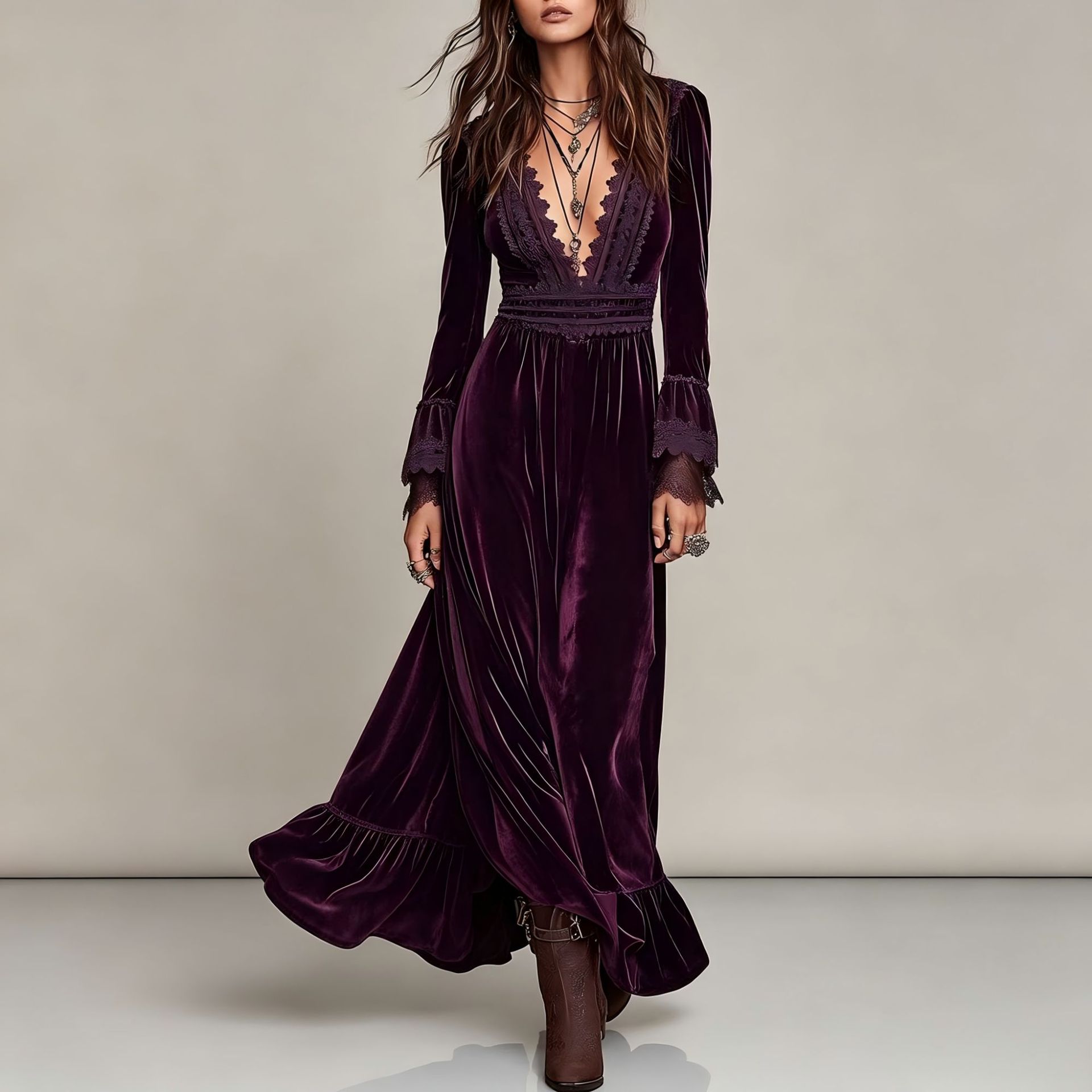Western Vacation Lace-Trim Velvet Dress