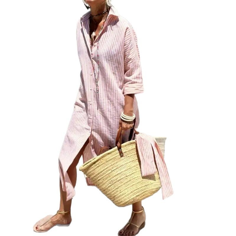 Striped Button-Front Midi Shirt Dress with Collar and Five-Quarter Sleeves