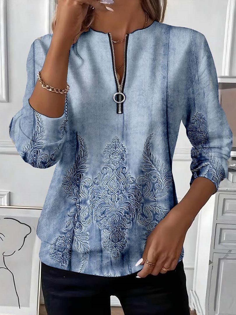 Women's Boho Print Long Sleeve Zip-Up Sweatshirt Casual Top