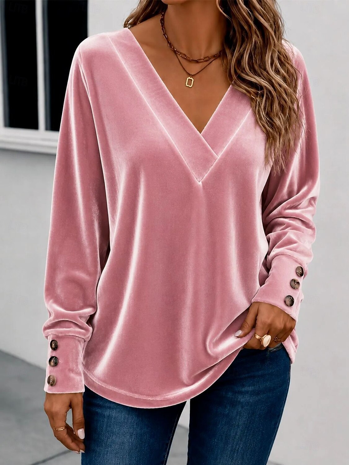 Velvet V-Neck Long-Sleeve Loose Solid Pullover Top