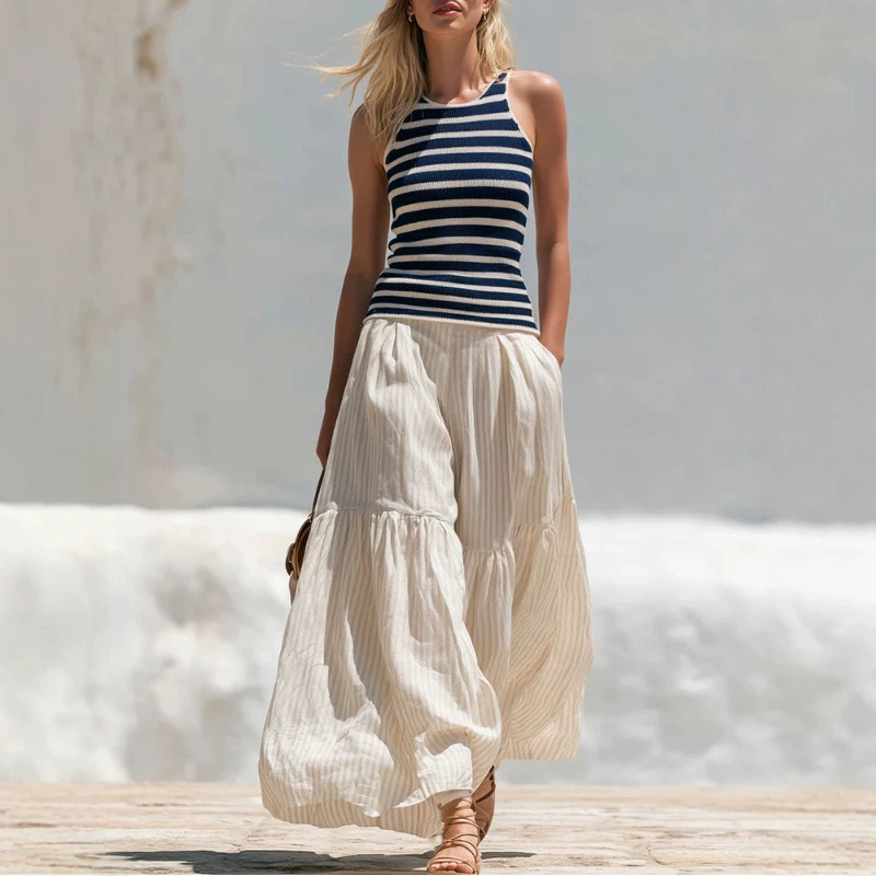 Women's Casual Retro Blue Striped Knit Vest & Beige Cotton-Linen Pants Set