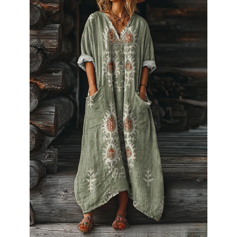 Women's Floral Ripple Print V-Neck A-Line Midi Dress Long Sleeve