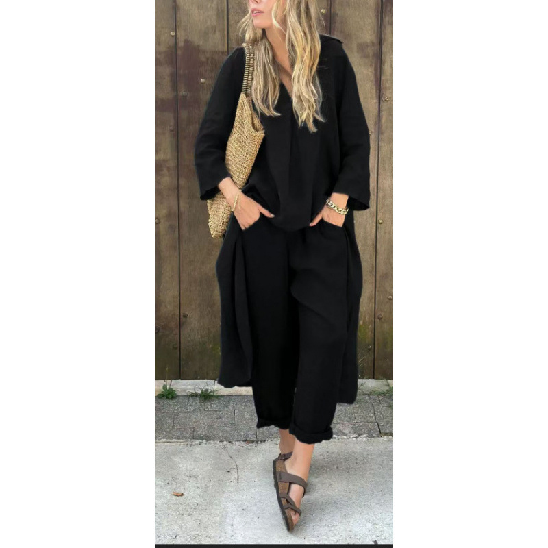 Women's Plus Size Cotton-Linen V-Neck Long Sleeve Top & Pants Set Casual Loungewear