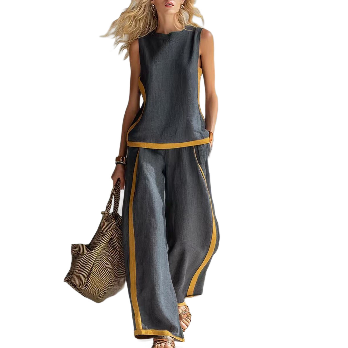 Sleeveless Color-Block Wide-Leg Pants Set Women's Summer Casual Two-Piece