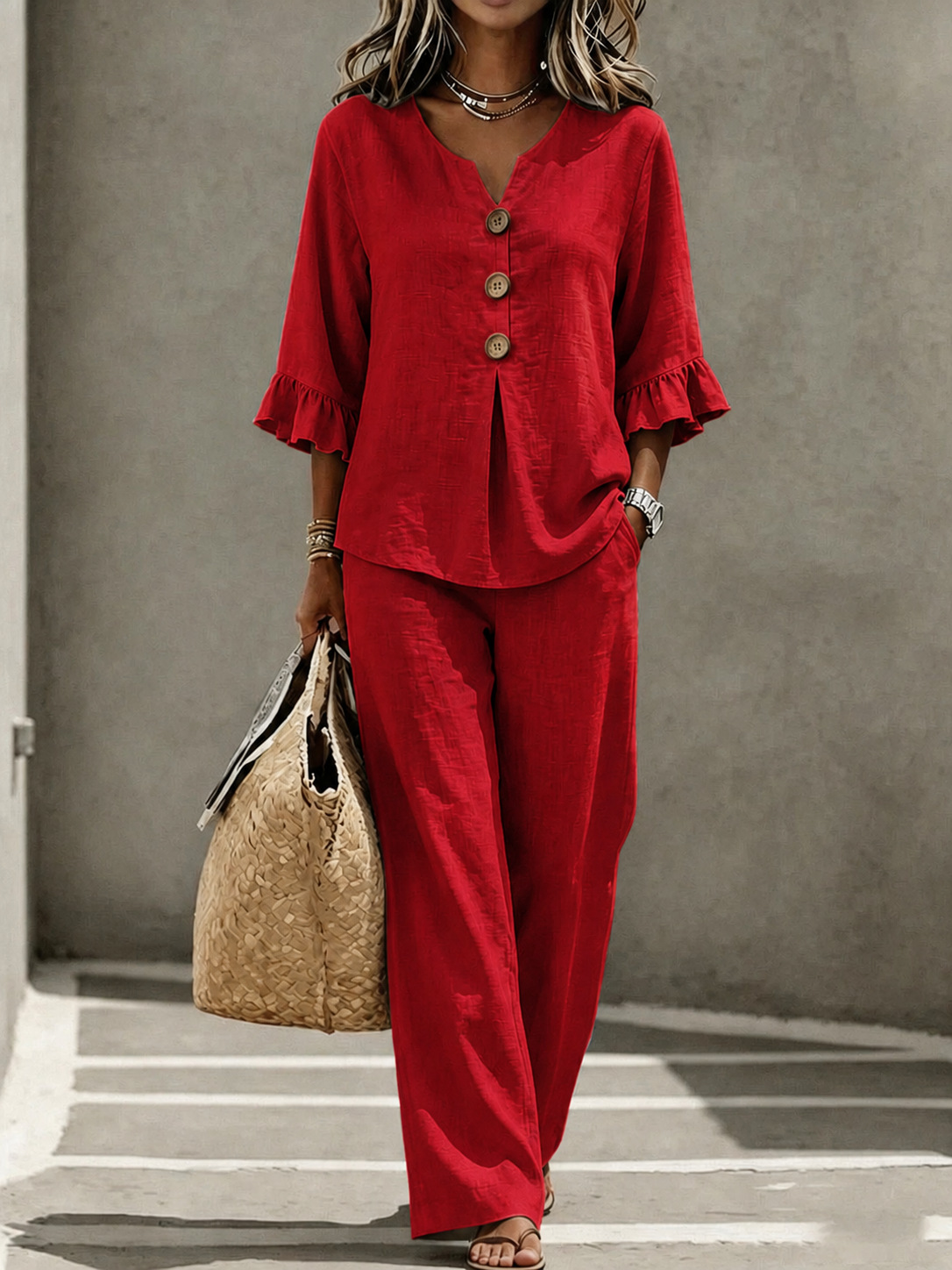 Women's Casual Button V-Neck Ruffle 3/4 Sleeve Top and Pants Two-Piece Set