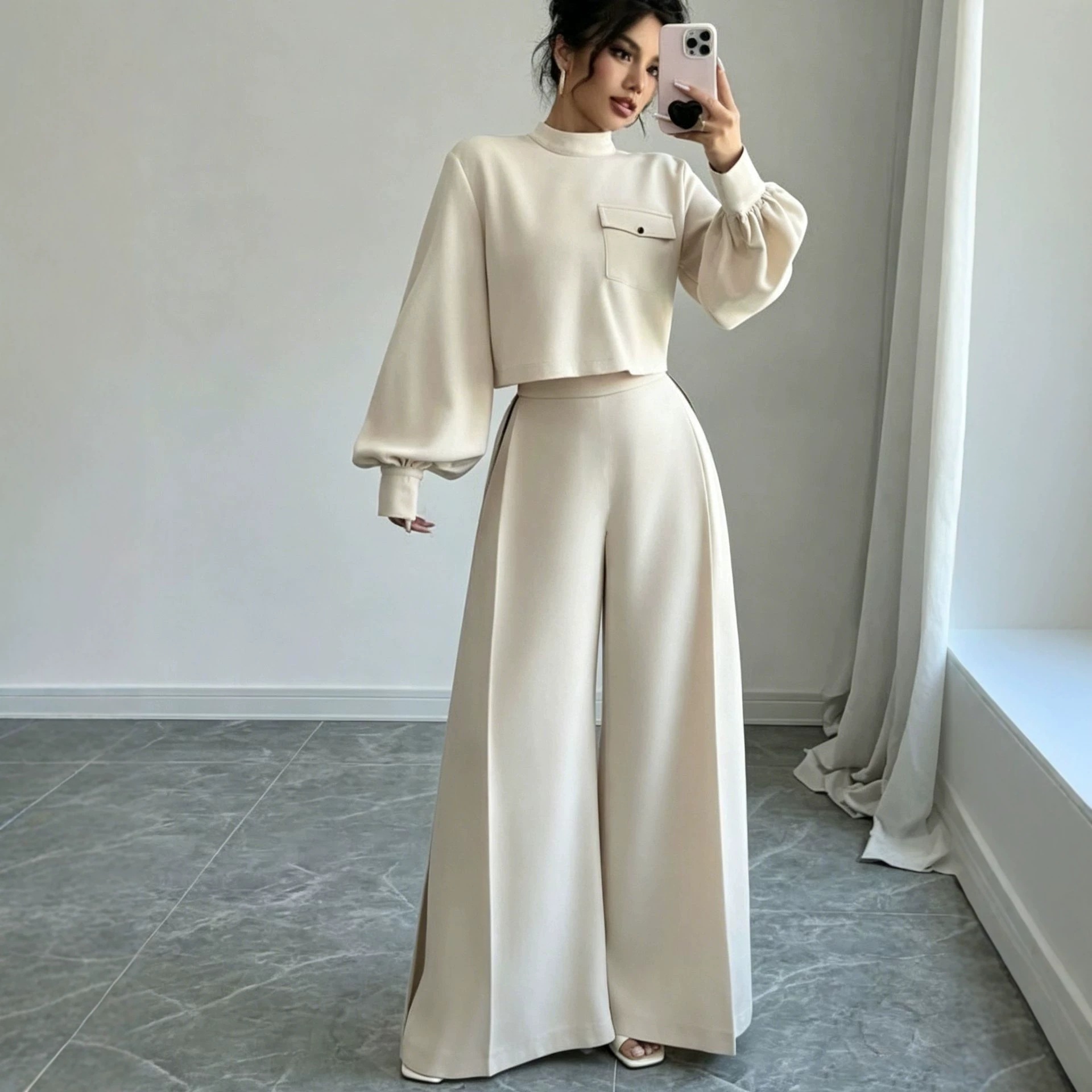 Women's Solid Color Wide-Leg Pants Set with Long-Sleeve Cropped Top