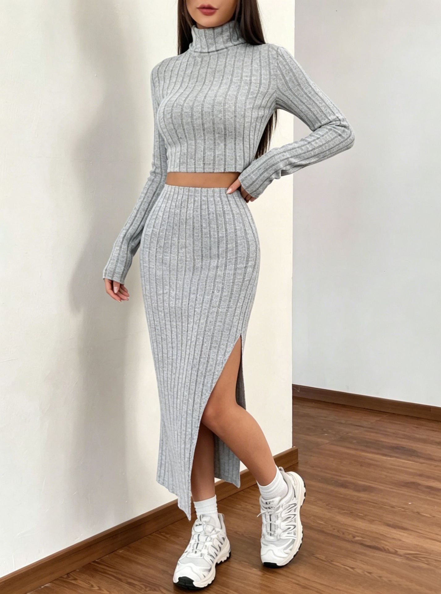 Bodycon Long-Sleeve High-Neck Slit Skirt Set