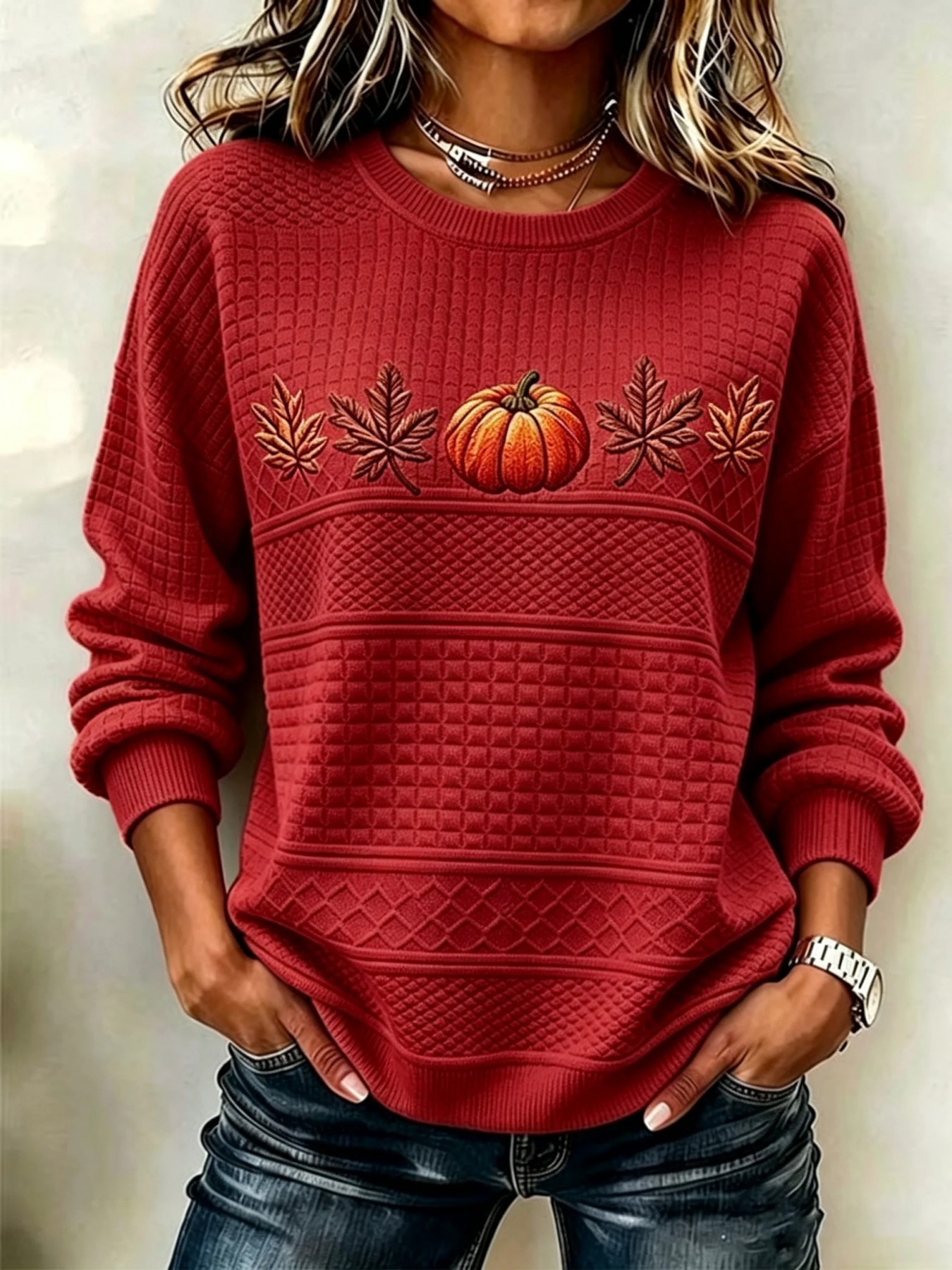 Pumpkin Maple Leaf Waffle Print Crewneck Long-Sleeve Women's Sweatshirt