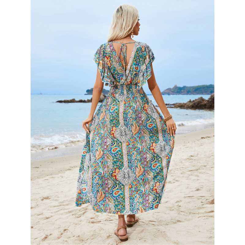 V-Neck Open-Back Floral Ruffle Short-Sleeve Slit Boho Vacation Dress