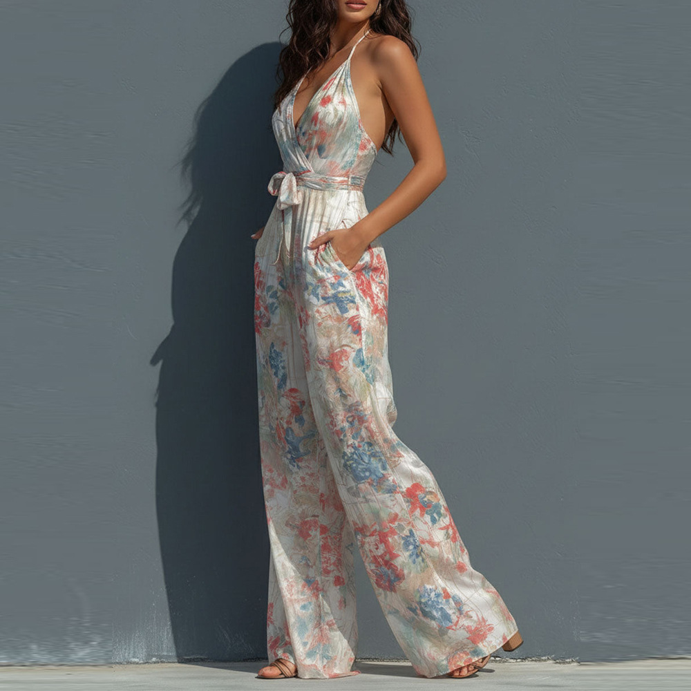 Women's Floral Print Deep V-Neck Backless Sleeveless Jumpsuit