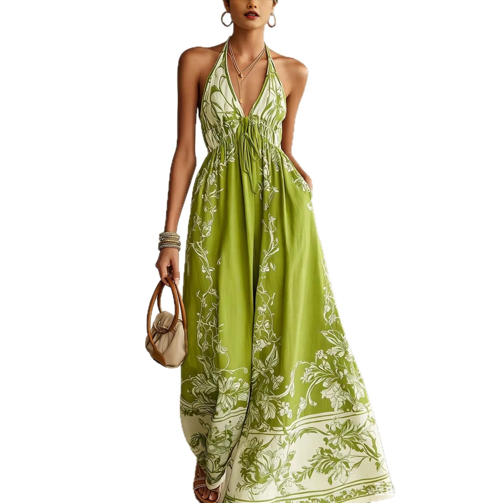 Bohemian V-Neck Sleeveless Maxi Dress Floral Print Beach Vacation