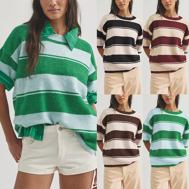 Women's Color-Block Knit Short-Sleeve Sweater Top