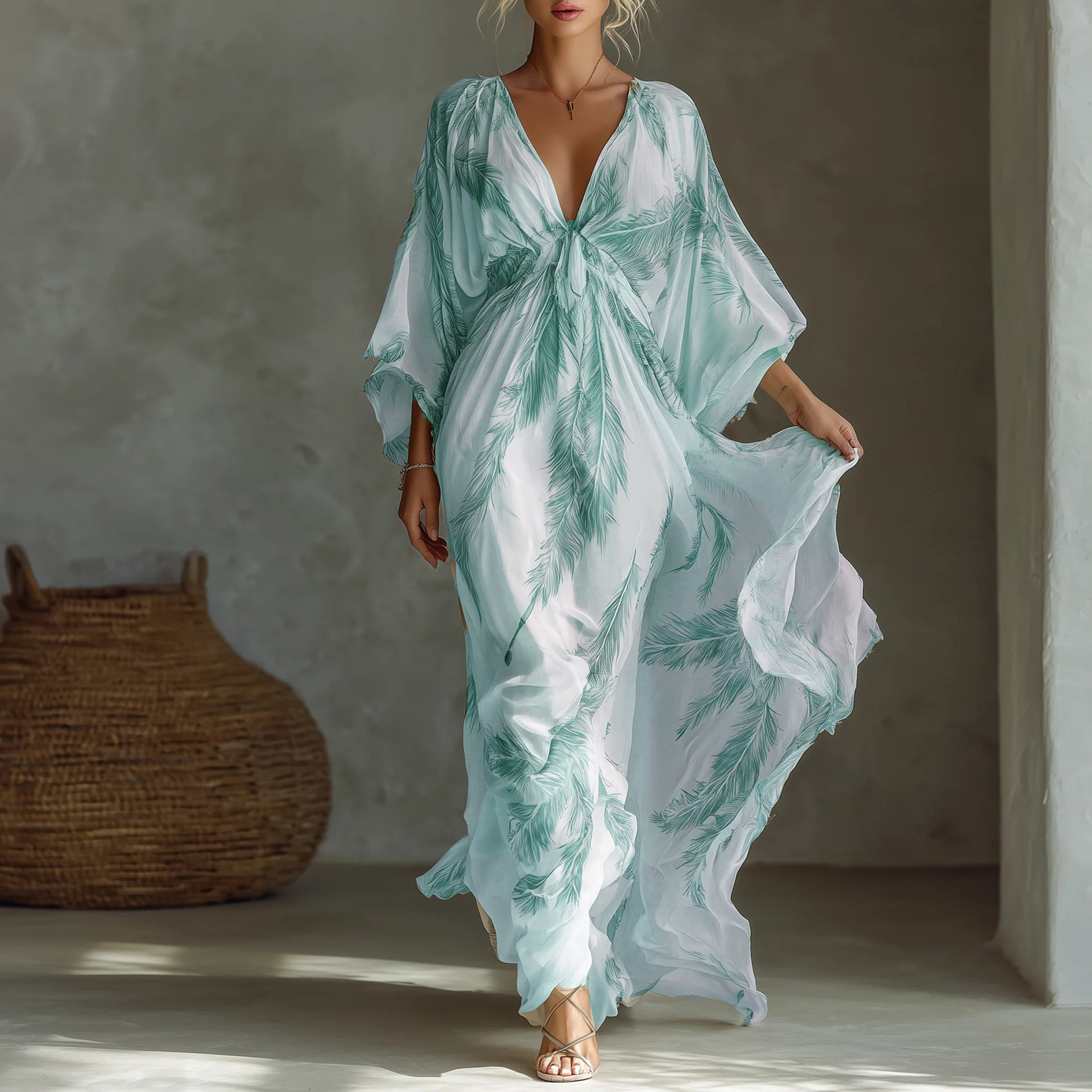 V-Neck 3/4 Sleeve Waist-Cinched Long A-Line Dress