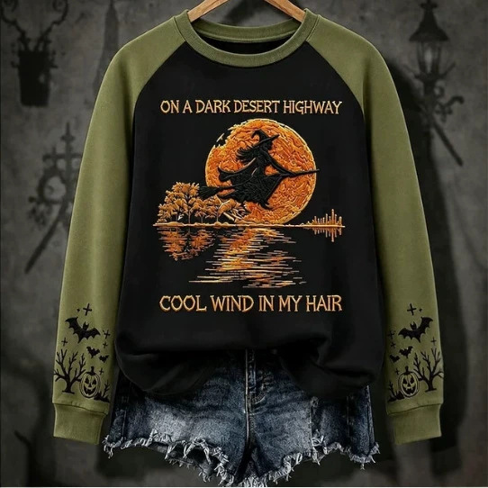 Halloween Witch Print Crewneck Long-Sleeve Pullover Sweatshirt