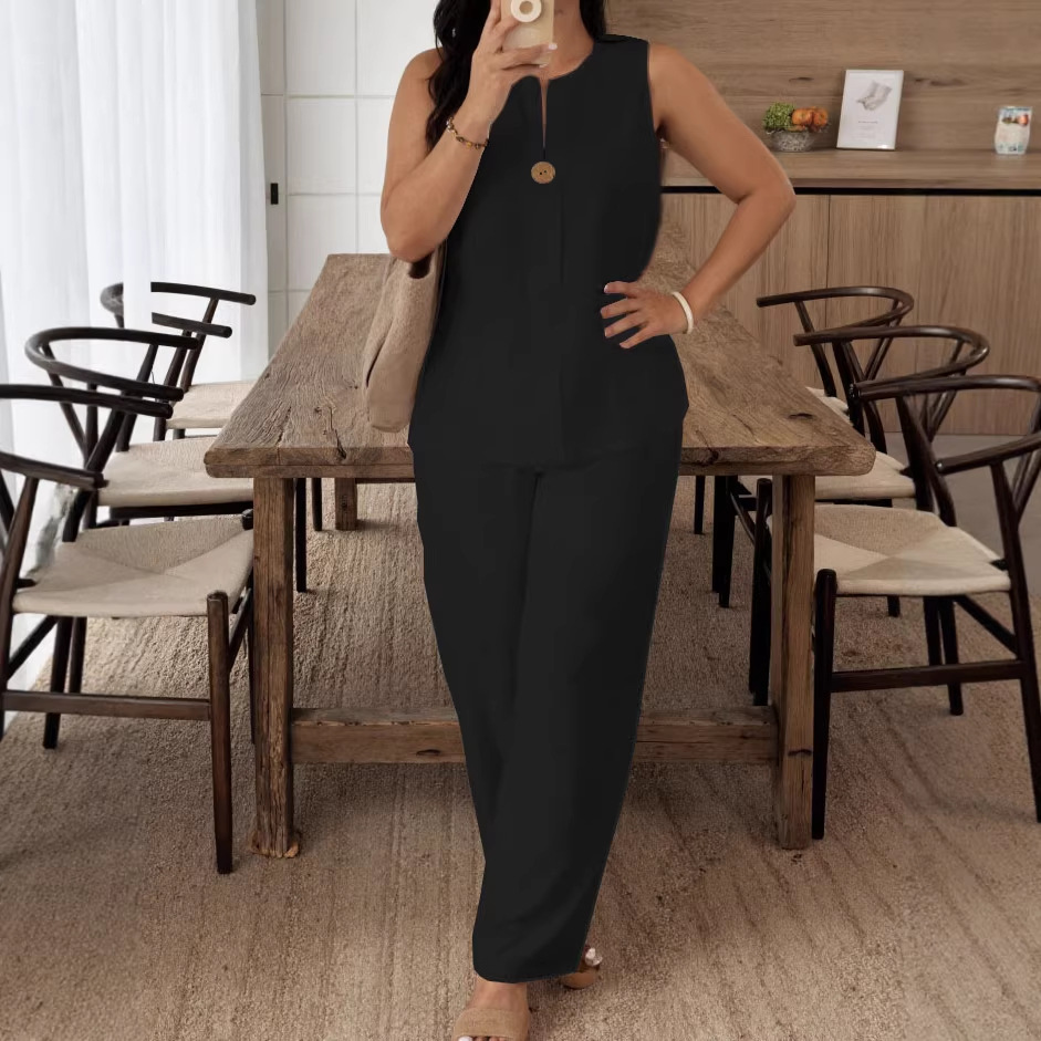 Women's Cotton Linen Loose Top & Wide Leg Pants Set