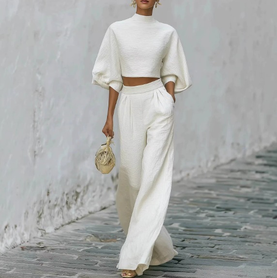 Women's Casual Two-Piece Set Cropped Top High-Waist Pants