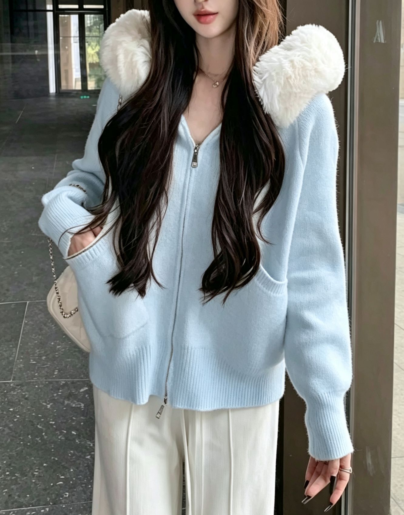 Women's Faux Fur Trim Hooded Zip Knit Cardigan Solid Color Loose Sweater with Pockets