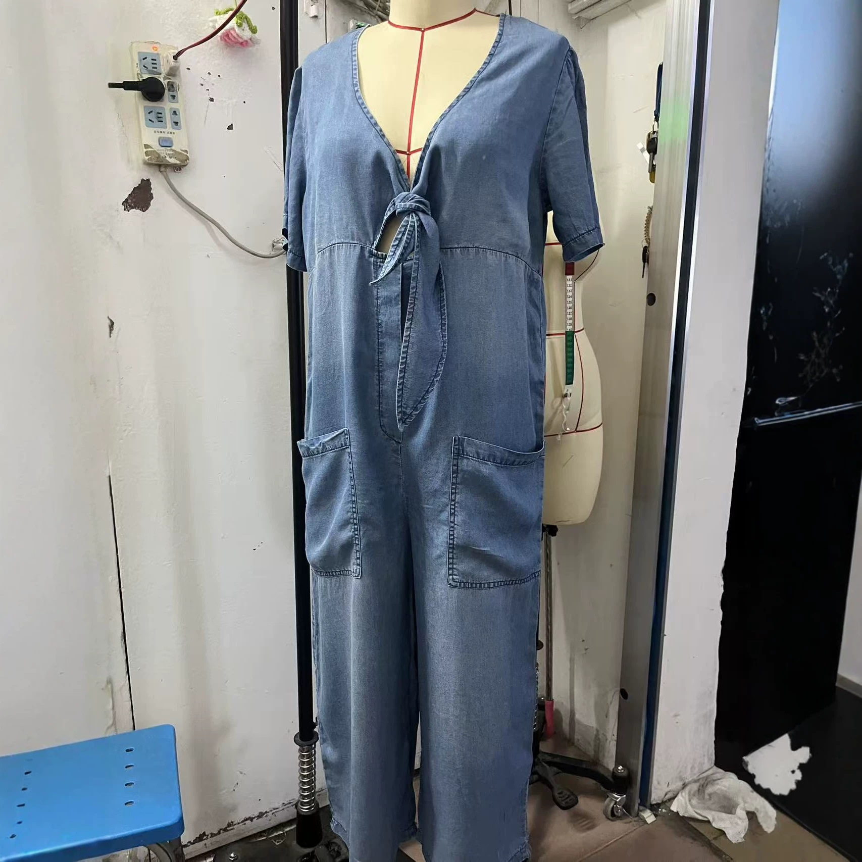 Women's Casual Loose Short Sleeve V-Neck Washed Denim Jumpsuit with Pockets