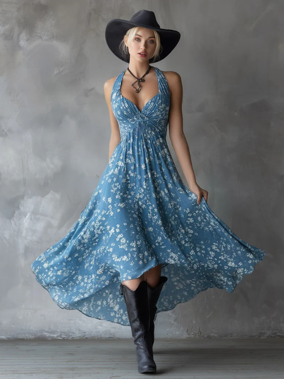 Vintage Floral Print Navy Chiffon Maxi Dress