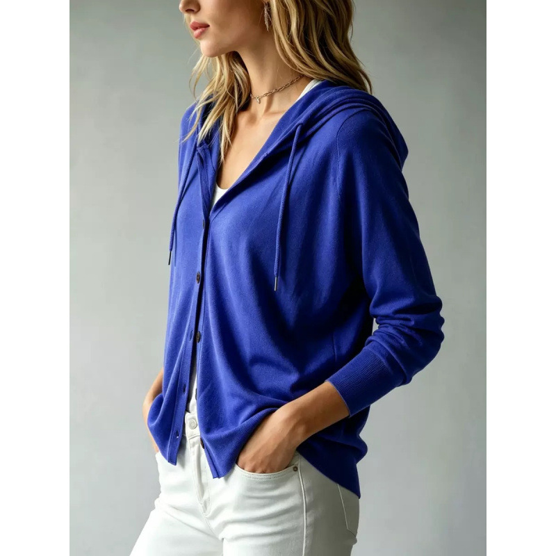 Women's Hooded Knit Cardigan Solid Color Long Sleeve Lightweight Loose Fit