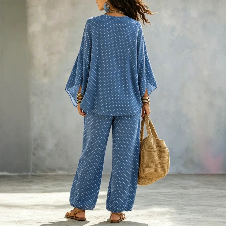 Women's Artistic Two-Piece Set with Crew Neck, Batwing Sleeves, and Wide-Leg Pants