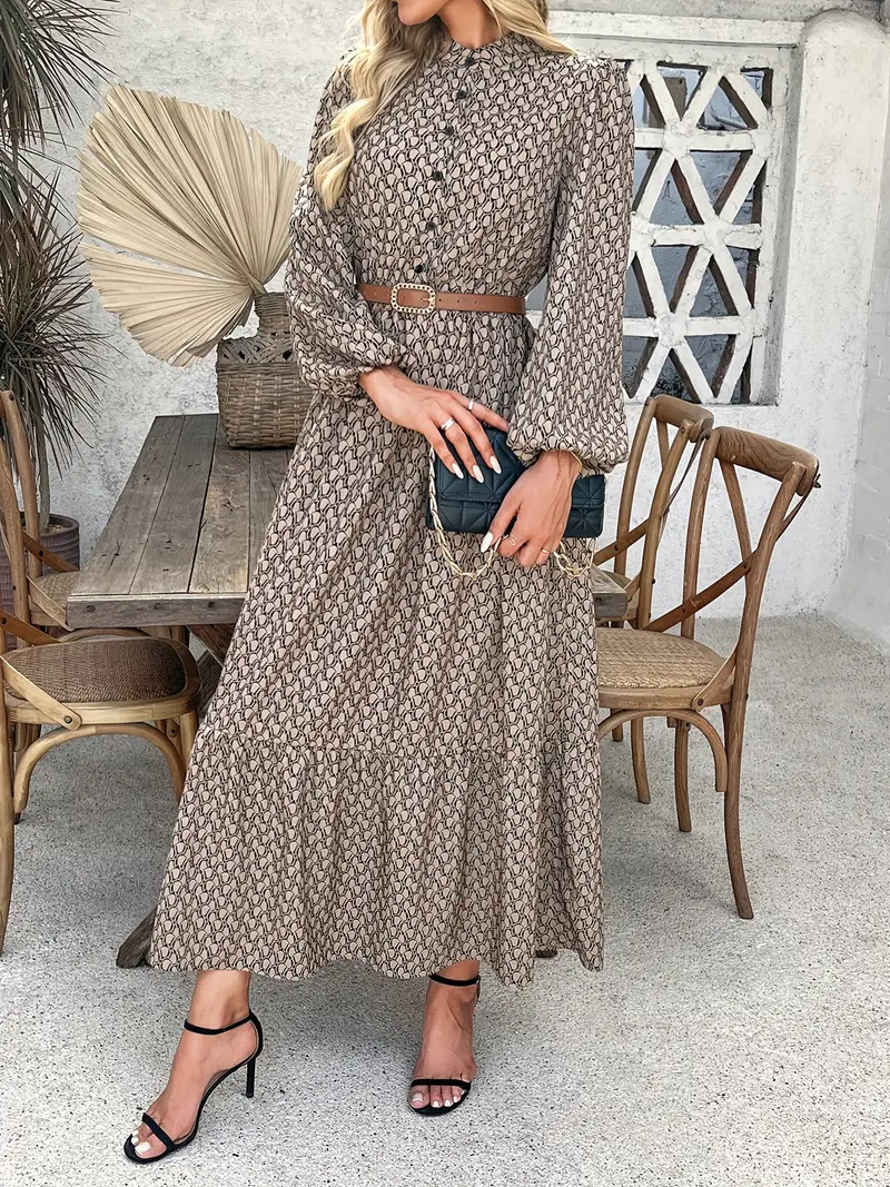 Elegant A-Line Long Dress with Geometric Print, Button Neck, Lantern Sleeves, High Waist, Acetate Satin