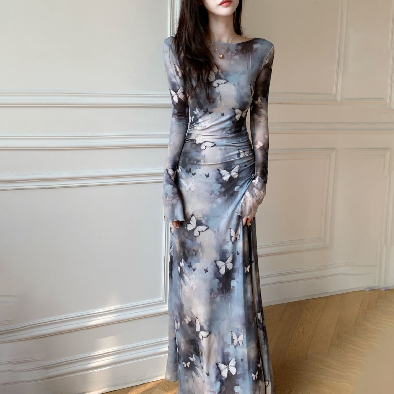 Long Sleeve Ink Butterfly Print Mesh Bodycon Midi Dress