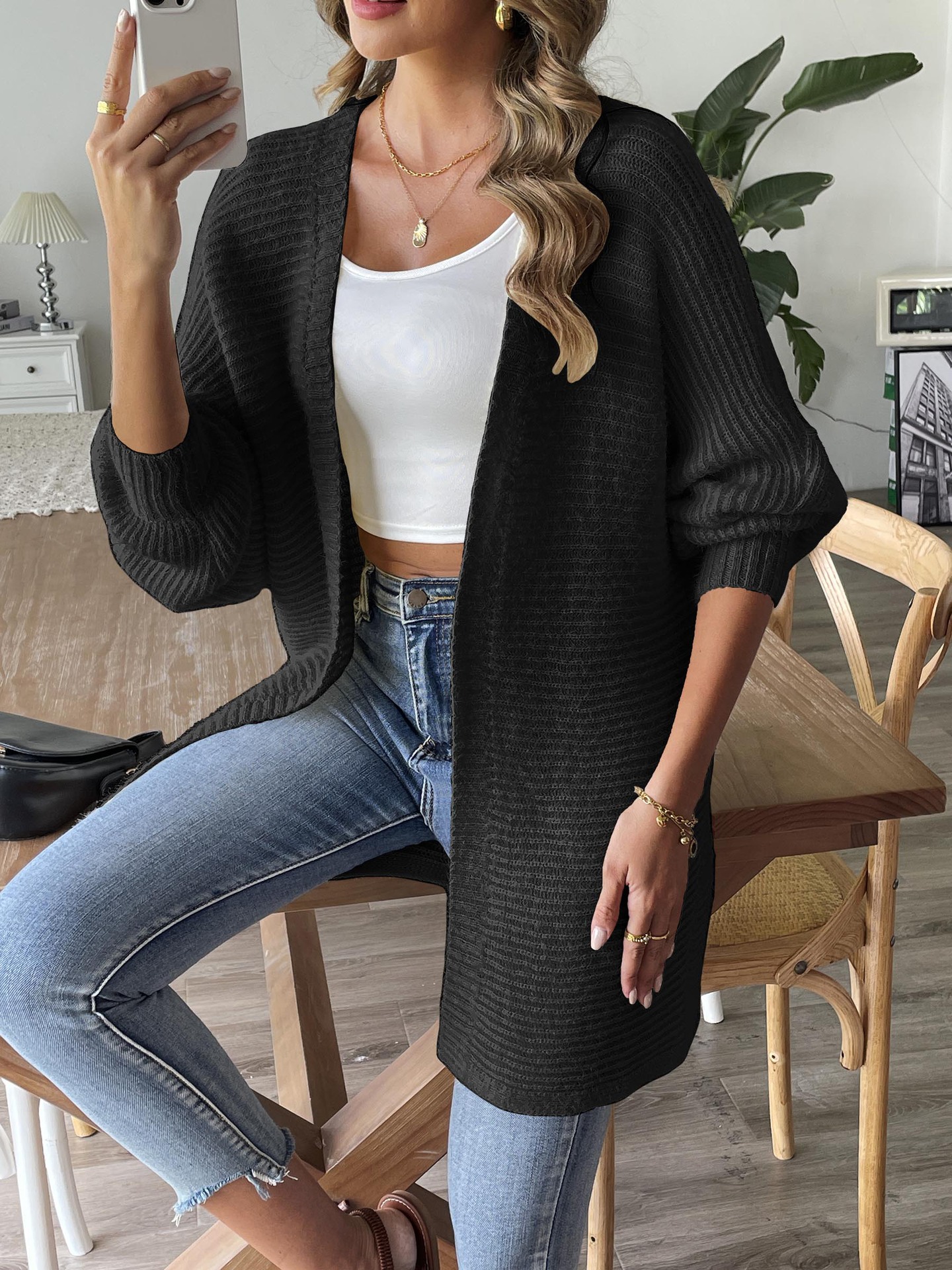 Women's Faux Mink Cardigan Sweater Coat V-Neck Long Sleeve Solid