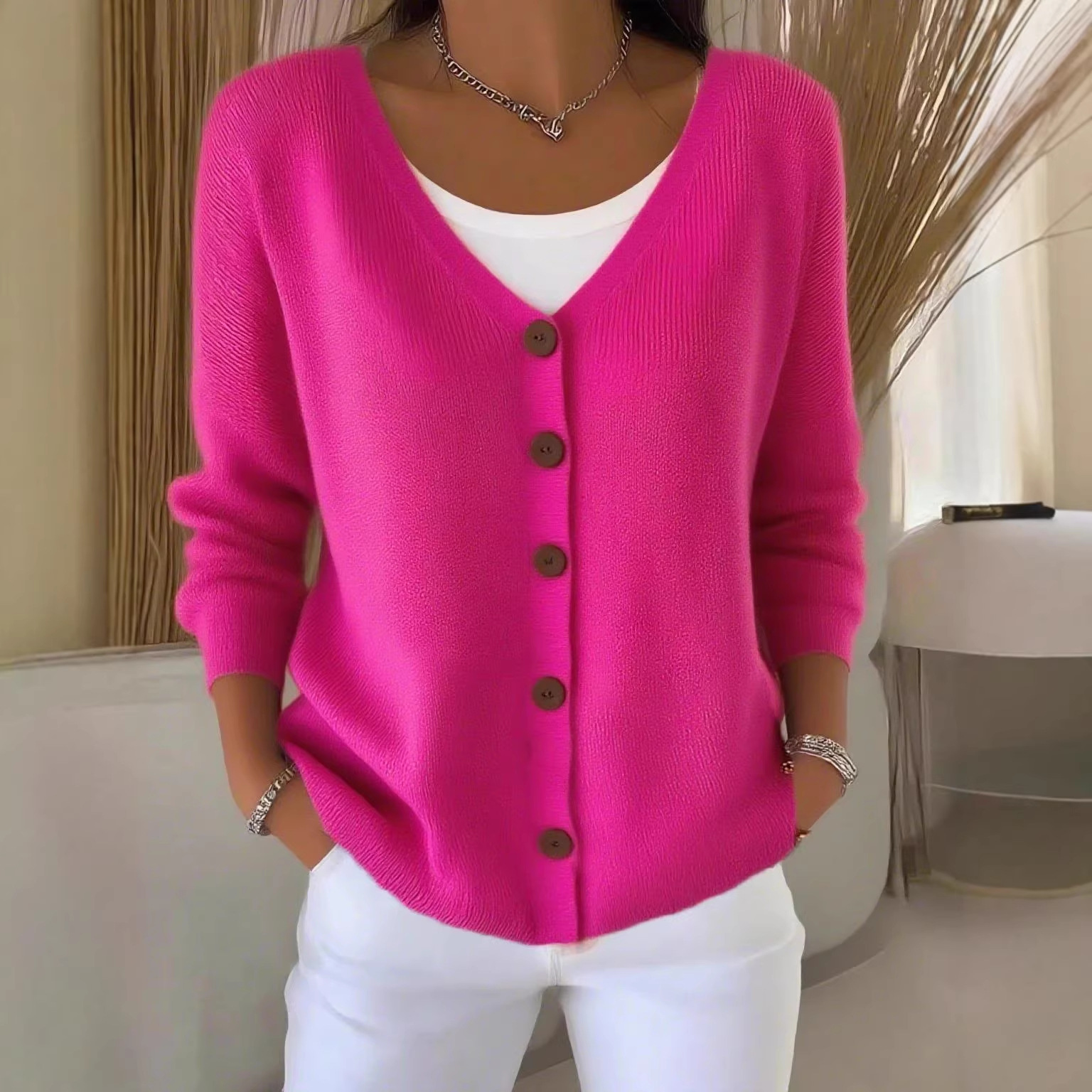 Women's Solid Knit Cardigan Sweater Coat V-Neck Button-Up Relaxed Fit