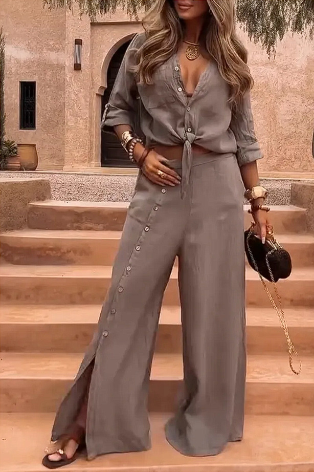 Women's Lapel Collar Button-Front Split Hem Solid Color Pant Set