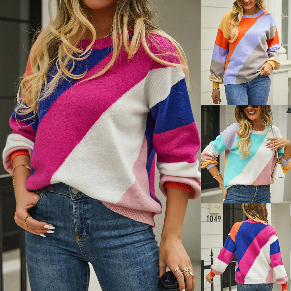 Striped Color-Block Crewneck Pullover Sweater