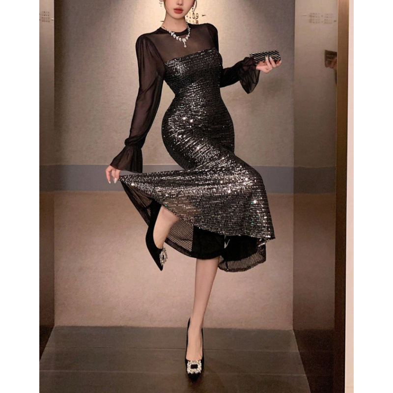 Women's Sequin Panel Long Sleeve Mermaid Midi Dress