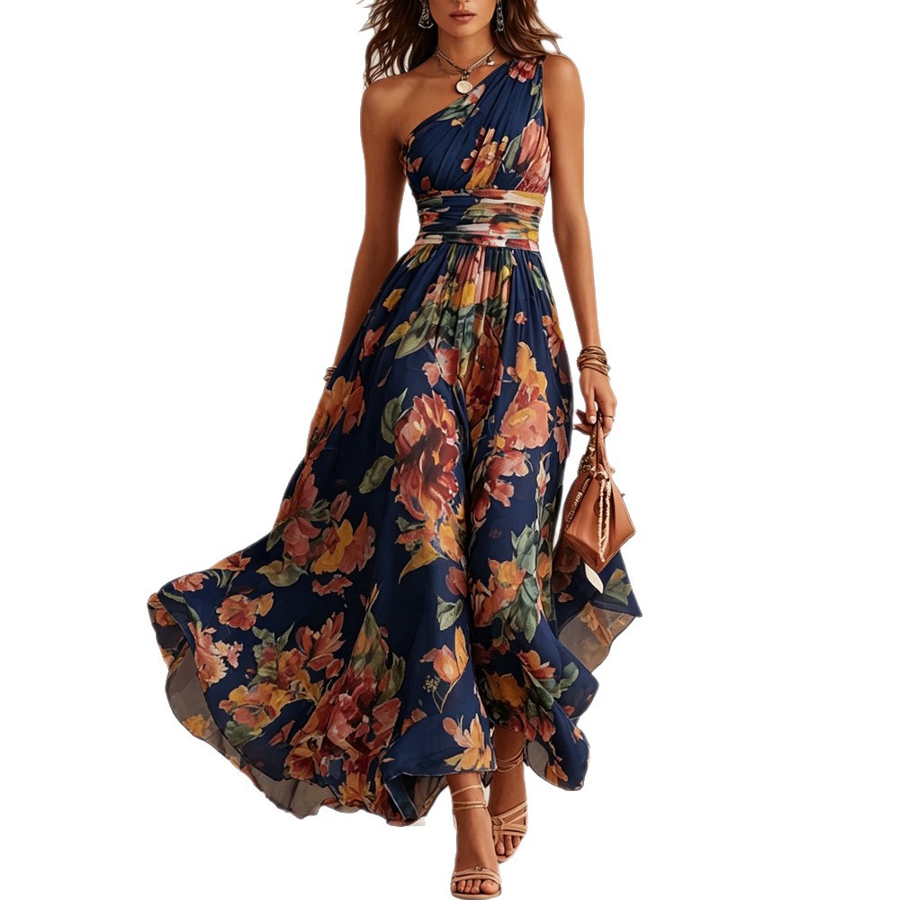 Floral Print Asymmetric Neckline High Waist Sleeveless Maxi Dress