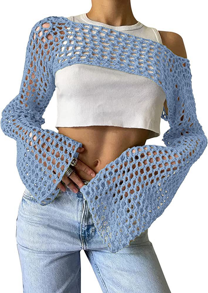 Women's Crochet Mesh Crop Top with Bell Sleeves