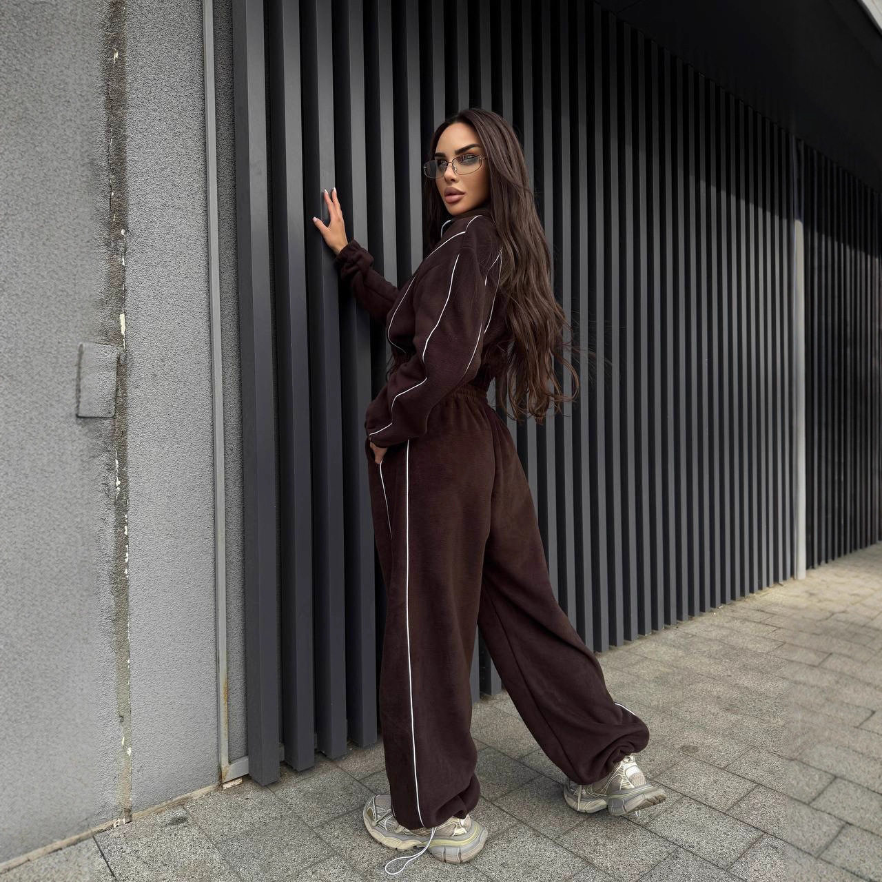 Women's Striped Fleece Pullover Hoodie and Drawstring Pants Set