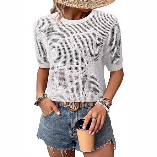 Women's Summer Round Neck Short Sleeve Openwork Floral Knit Top