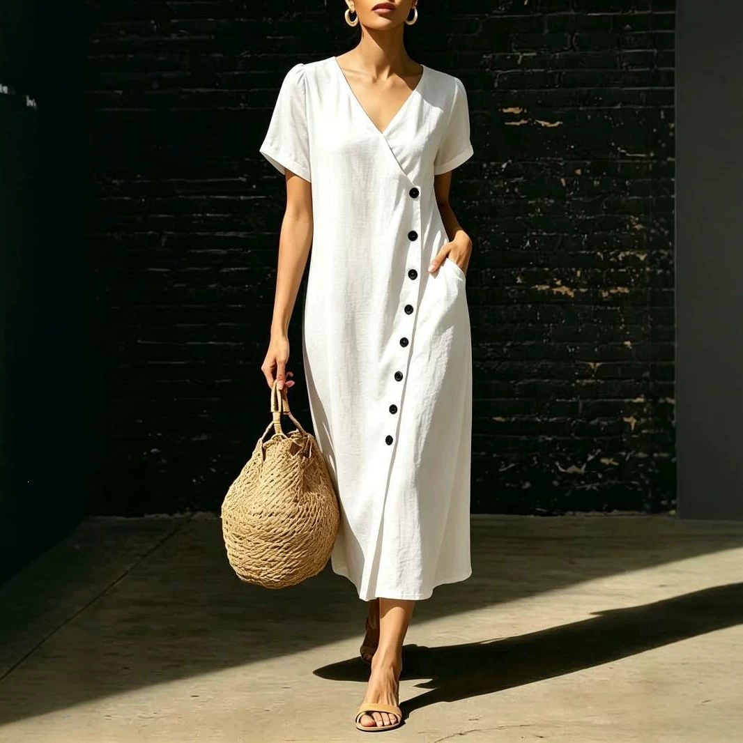 Women's V-Neck Button A-Line Midi Dress with Puff Sleeves