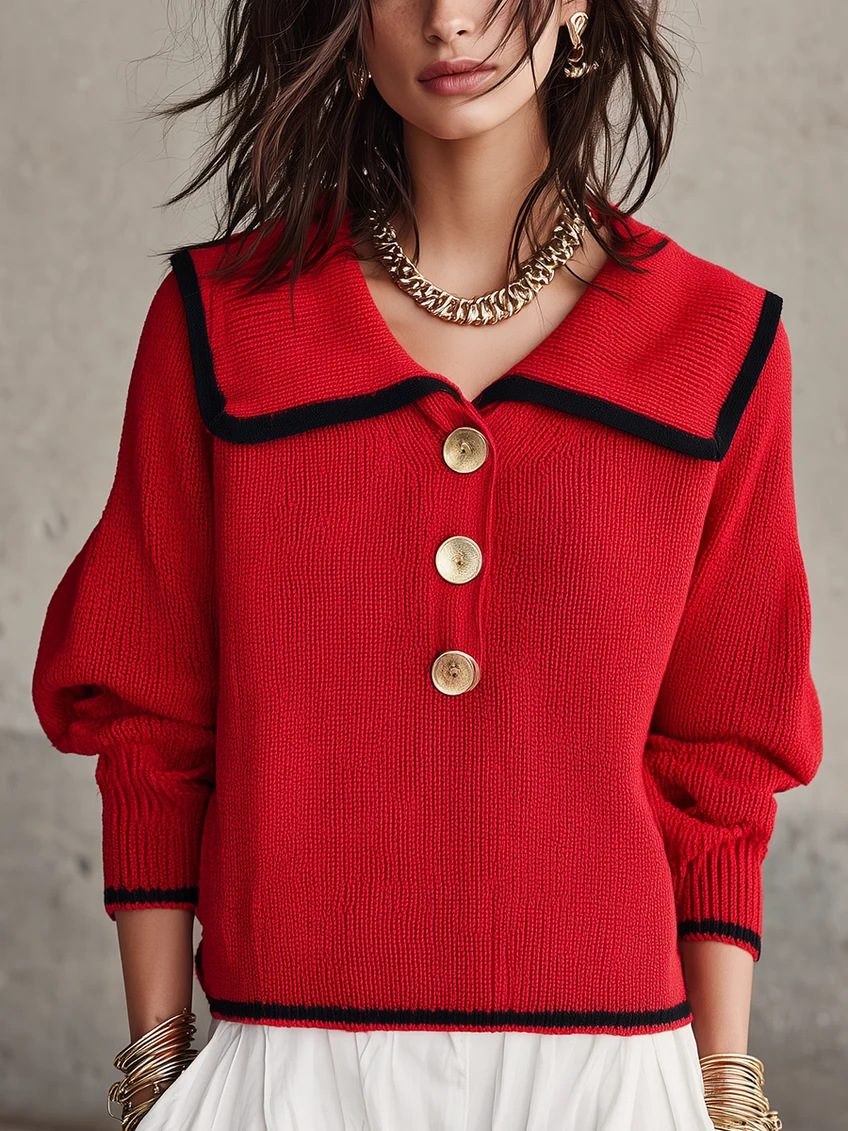 Retro Colorblock Oversized Collar Knit Sweater Loose Long Sleeve Top